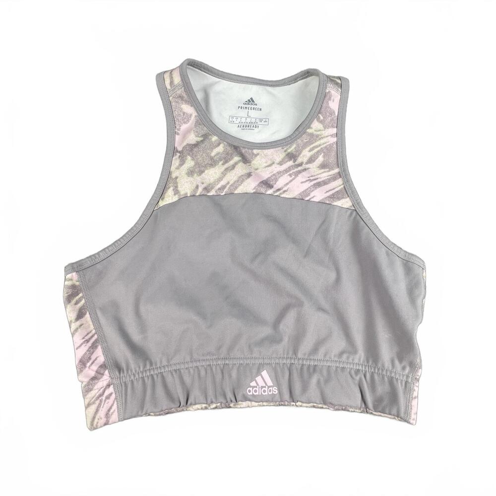 Adidas Primegreen AeroReady Sports Bra – Gray Pink Print – Size L